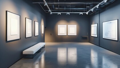 Modern gallery space with empty white frames on dark grey walls, professional lighting, and an empty seating bench.