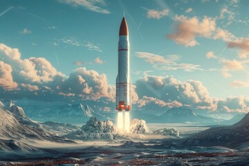 Fototapeta premium Creative depiction of a symbolic rocket soaring above a landscape, representing the spirit of entrepreneurship.