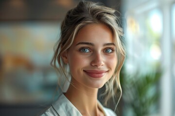 Fototapeta premium A radiant businessperson smiling brightly, embodying professionalism and warmth.