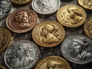 Naklejka premium ancient coins, gold, silver, copper lie on black marble. symbol of wealth and status. background for business, finance, analytics