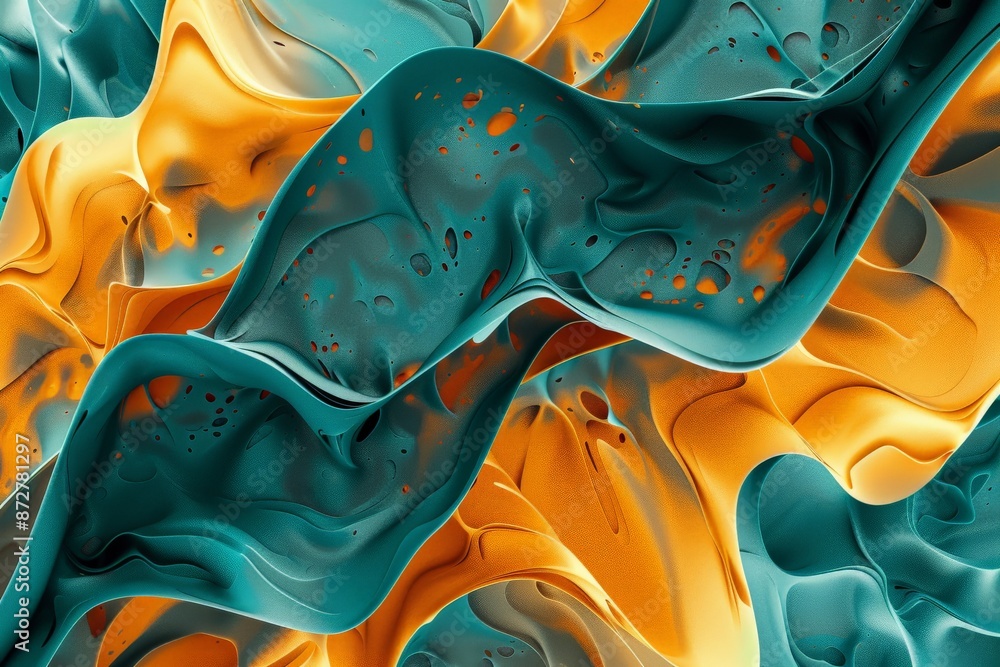 Poster This artistic image showcases fluid and dynamic swirls of teal and gold hues, creating a visually engaging and fluid composition suitable for various creative projects.