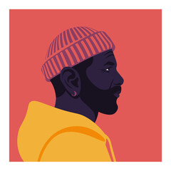 Portrait of an African man in a hat in profile. Diversity. The face of a traveler. Side view. Avatar for social media. Vector flat illustration