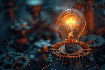 Detailed artwork of a light bulb powered by mechanical gears, depicting the machinery of idea generation.