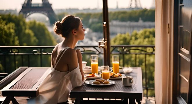 Woman having breakfast in Paris.