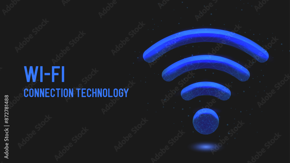 Poster glowing blue neon light wi-fi wireless icon. low poly 3d design and wireframe network structure. int
