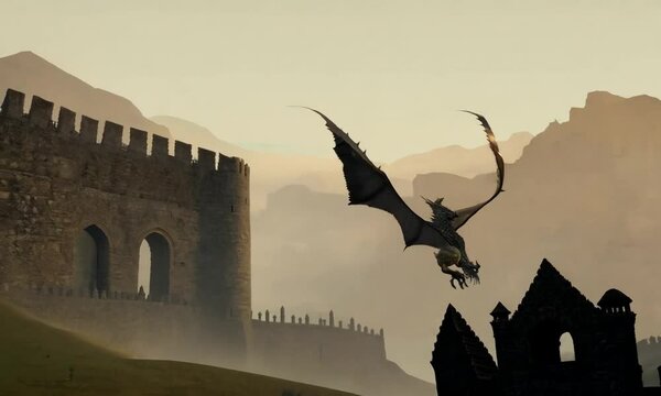Dragon flying in the castle.