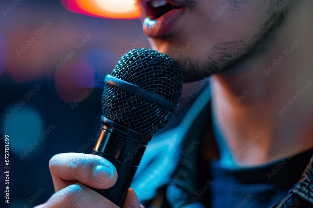 Fototapete close-up view of a person singing into a microphone at a lively and colorful event, highlighting the
