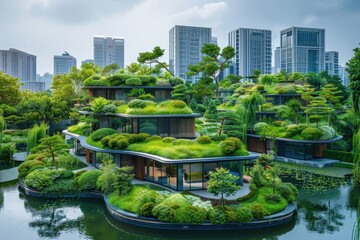 Fototapeta premium A harmonious blend of nature and urban development in a green city, illustrating sustainable development.
