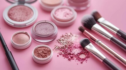 Essential makeup items for women eye shadows and brush set on pink backdrop