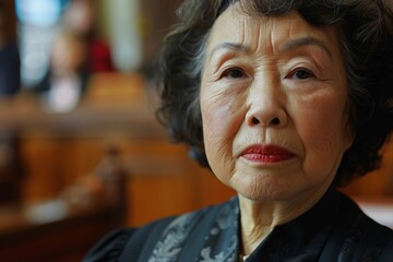 An elderly woman with a serious expression sits in a formal setting, showcasing wisdom, experience, and the dignity that comes with age in a powerful and respectful portrait.