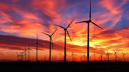 Obraz premium Silhouette of a wind farm with turbines against a colorful sky