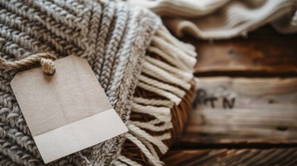 Blank Tag on Knitted Blanket and Wooden Surface.
