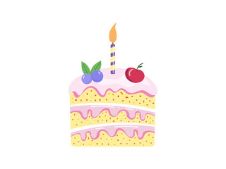 Cake slice piece with candle isolated on white background. Vector illustration for stickers and postcards
