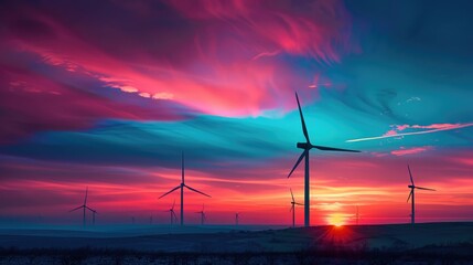 Obraz premium Silhouette of a wind farm with turbines against a colorful sky