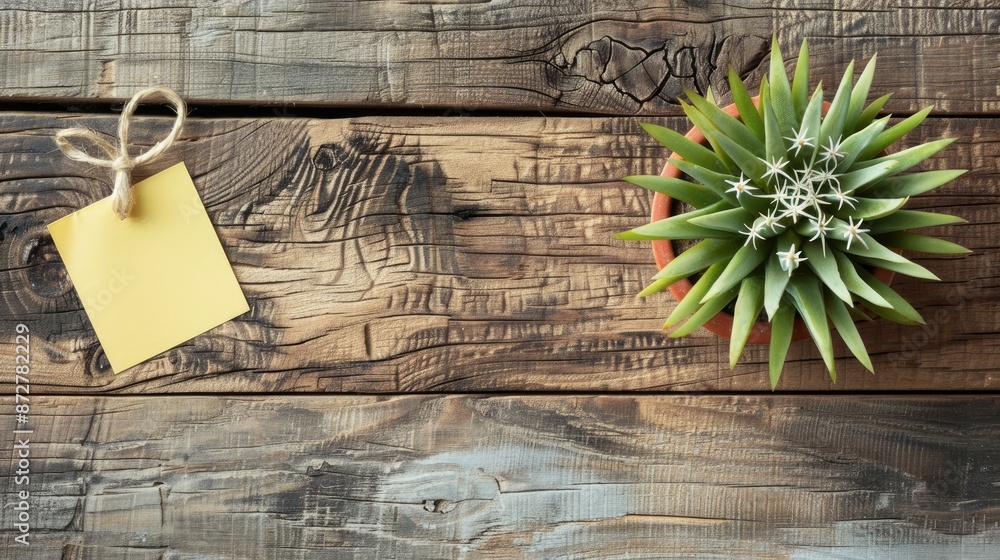 Poster sticky note on wooden table with cactus in rustic setting