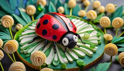 Naklejka premium Un alegre y divertido insecto mariquita hecho con tiras de plastilina de colores. Tema infantil