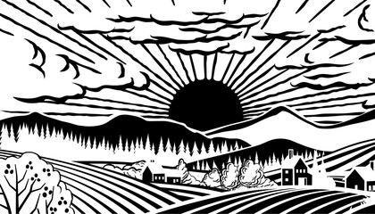 Rolling hills, fields and farm or vineyards background illustration. Forests and mountains in the background. In a vintage retro woodcut or lino print or linoleum cut style