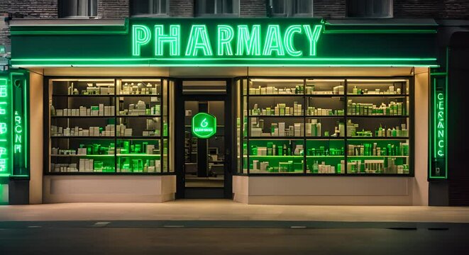 Exterior of a pharmacy in the city.