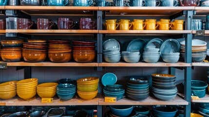 Colorful Ceramic Bowls and Mugs on Wooden Shelves.