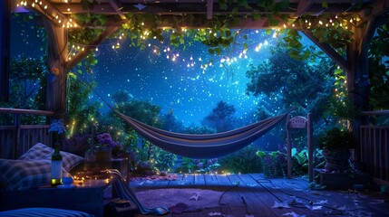 A cozy terrace lounge with a hammock, fairy lights, and a view of a beautiful garden under the stars.