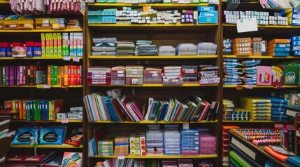 Colorful Books and Stationery on Shelf in Bookstore.