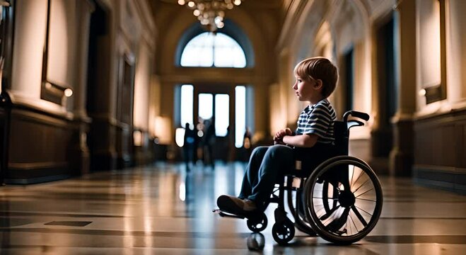 Child in a wheelchair in the museum.