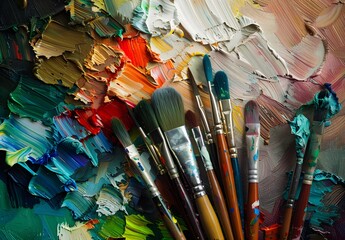 Obraz premium Artist Palette with Paintbrushes and Oil Paints