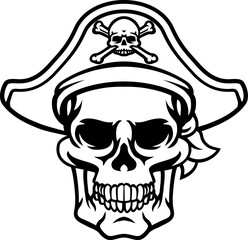 A pirate skull and crossbones jolly roger grim reaper cartoon wearing captain a hat and eye patch