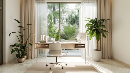 Fototapeta premium Minimalist Home Office with Lush Greenery and Natural Light