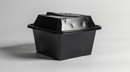 Plastic take out box in black on white backdrop