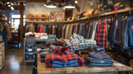 Folded Shirts and Jeans on a Wooden Table.