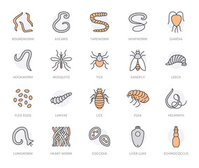 Parasites flat line icons set. Intestinal worm, helminth, sandfly, tick, dog flea, leech, qiardia, dengue mosquito illustrations. Outline signs for parasitology. Orange color. Editable Strokes