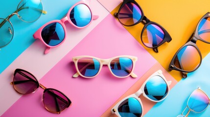 Stylish summer fashion accessories photo poster with various sunglasses on colorful background
