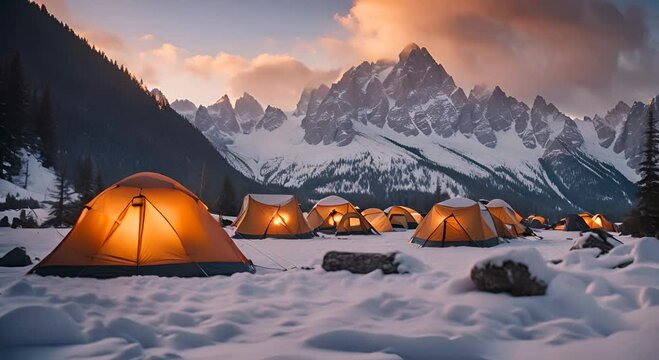 Tents at a base camp on a snowy mountain.