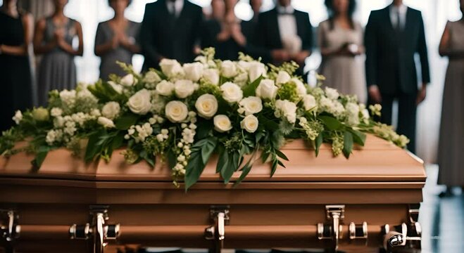 Coffin with flowers at a funeral.