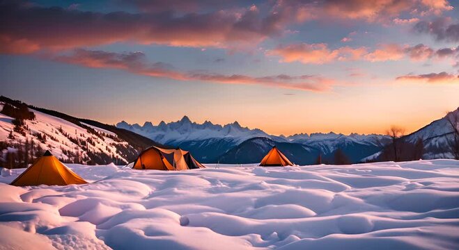 Tents at a base camp on a snowy mountain.
