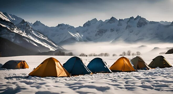 Tents at a base camp on a snowy mountain.