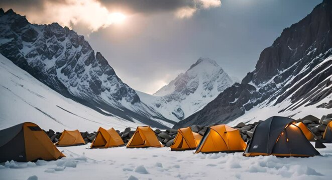 Tents at a base camp on a snowy mountain.