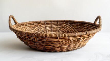 Vintage wicker basket with spiral design on light surface Shallow has handles and various brown hues