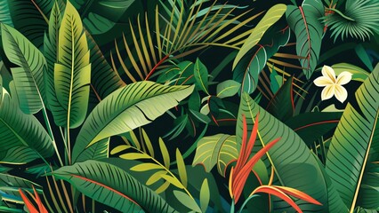 The backdrop is a seamless pattern of lush tropical foliage in green tones, creating a sense of depth and movement