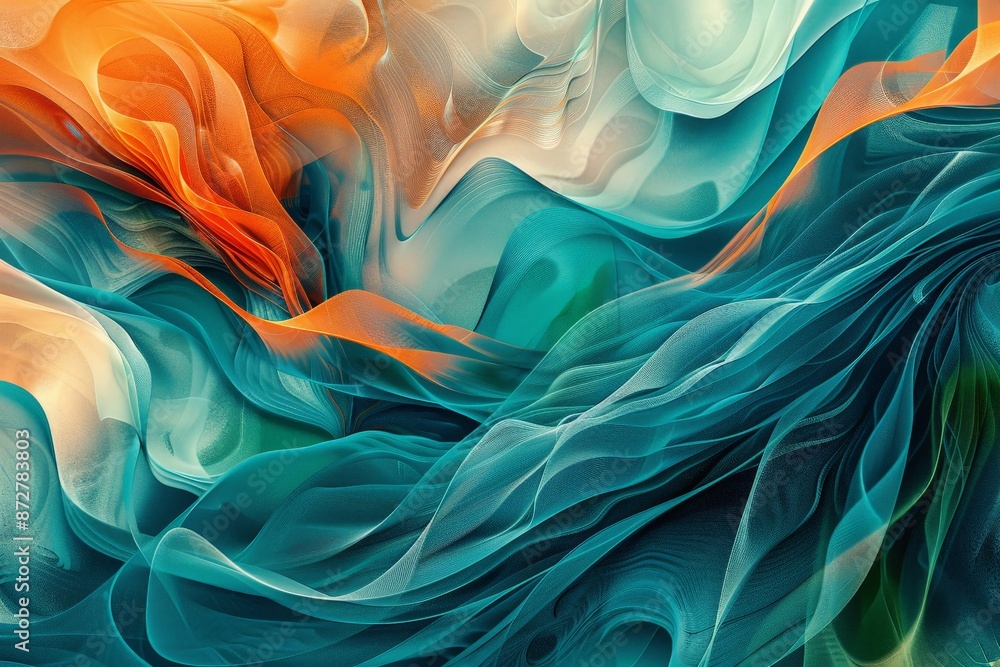 Poster an eye-catching abstract artwork depicting the flow of vivid colors and shapes resembling waves, dem