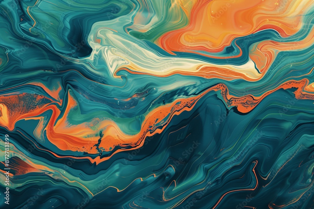 Poster this piece highlights flowing organic shapes in an energetic palette dominated by teal and orange, c