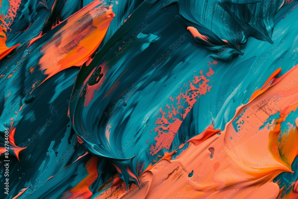 Poster this image shows bold brushstrokes in teal and orange, creating an abstract art piece. the dynamic b