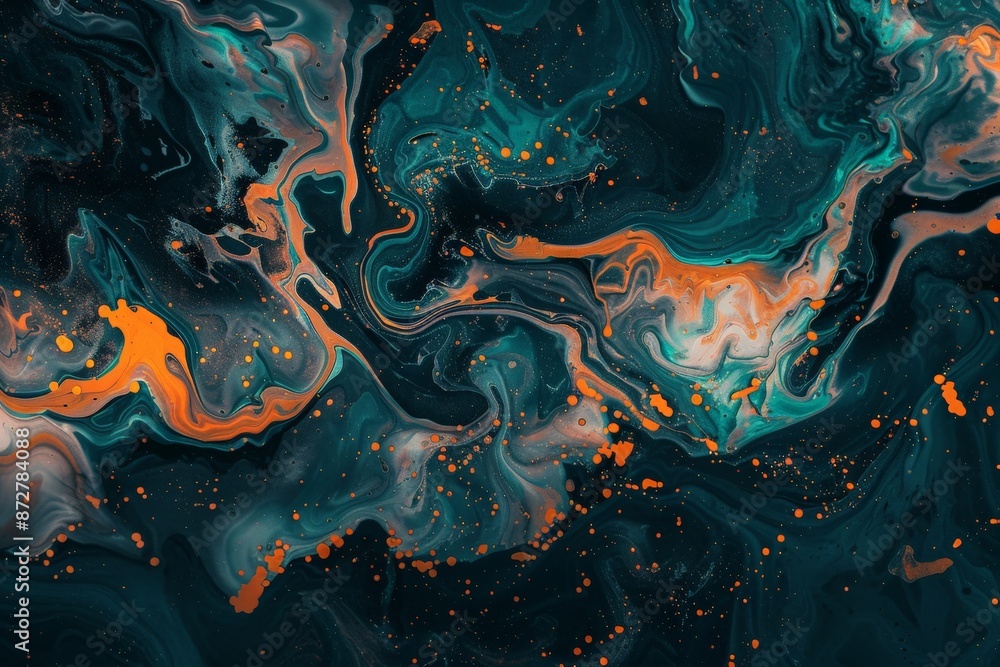 Poster This image features dark abstract swirls in teal with contrasting orange highlights. The design evokes a sense of mystery and energy through its swirling patterns.