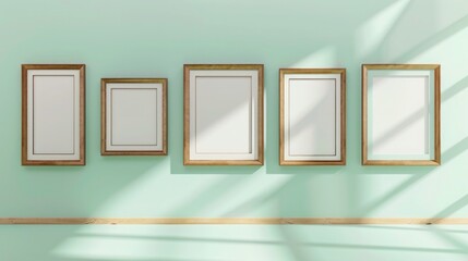 Minimalist art gallery mockup featuring five bronze frames on a pastel green wall.