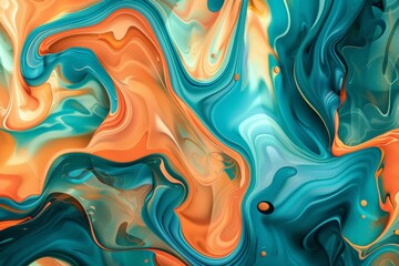 Obraz premium This image captures a vibrant mix of teal and orange swirling patterns, creating a dynamic and fluid abstract design that evokes movement and energy.