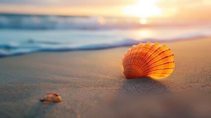 Orange ribbed shell on sandy beach at sunset