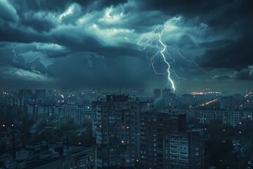 A dramatic storm rages over an urban cityscape, with a vivid lightning bolt striking amidst dark clouds, casting an awe-inspiring scene of nature's power and urban life.