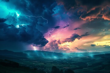 This stunning image features a vivid lightning storm over rolling hills at dusk, with vibrant clouds and contrasting colors creating a dramatic and mesmerizing natural scene.