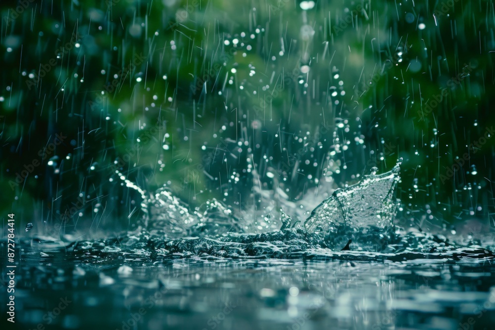 Poster a dramatic photograph of a water splash in a puddle against a lush green background, representing th